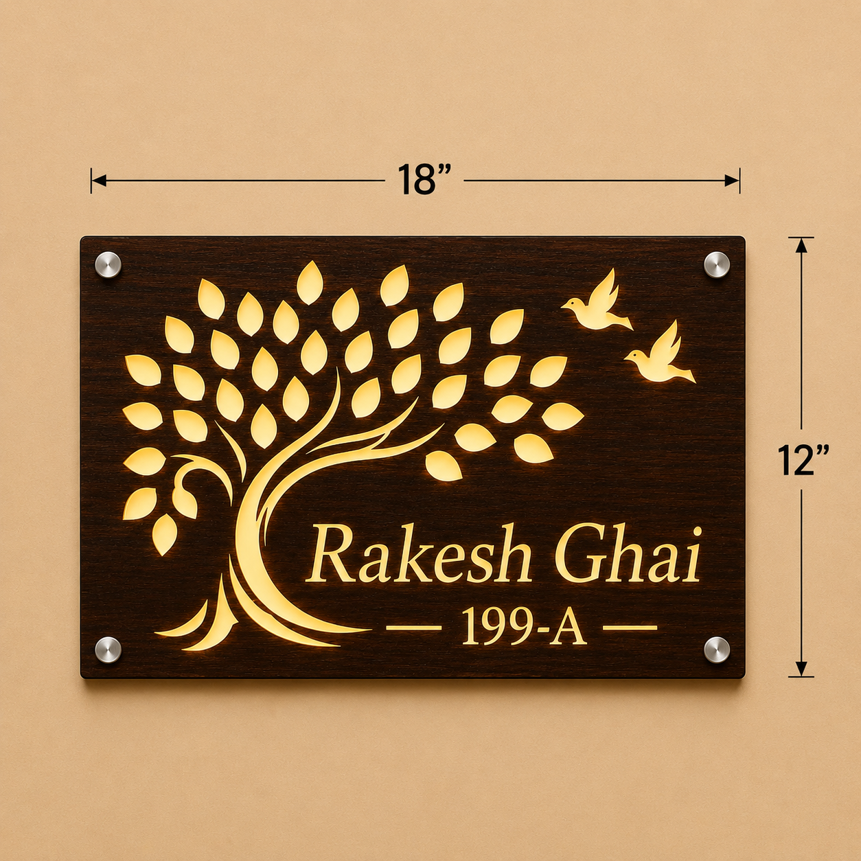 Tree of Life Illuminated Wooden Name Plate For Home & Villa