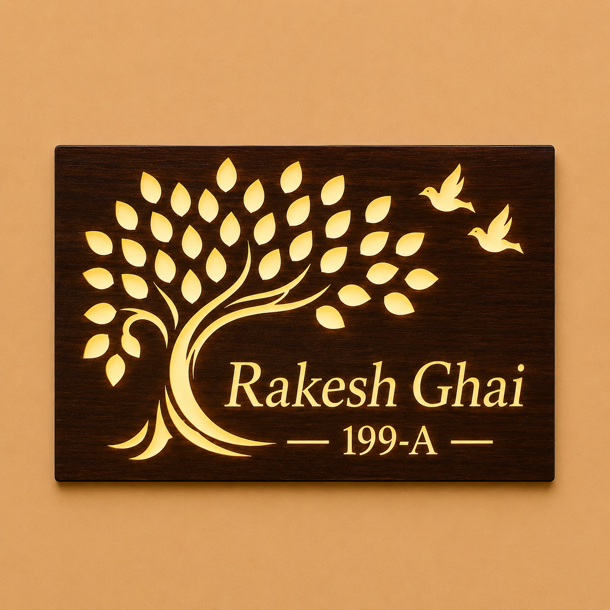 Tree of Life Illuminated Wooden Name Plate For Home & Villa
