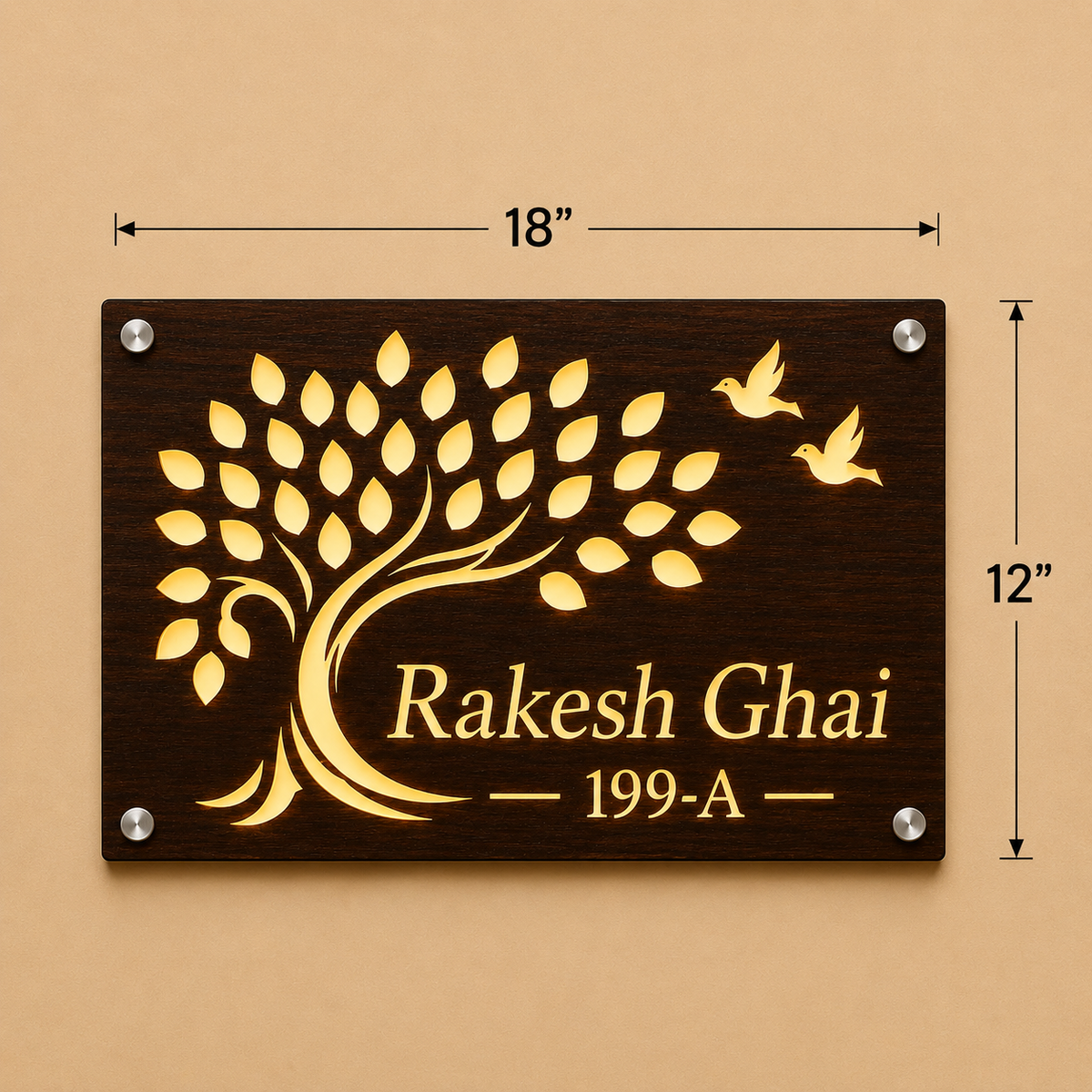 Tree of Life Illuminated Wooden Name Plate For Home & Villa