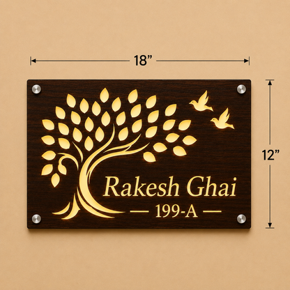 Tree of Life Illuminated Wooden Name Plate For Home & Villa