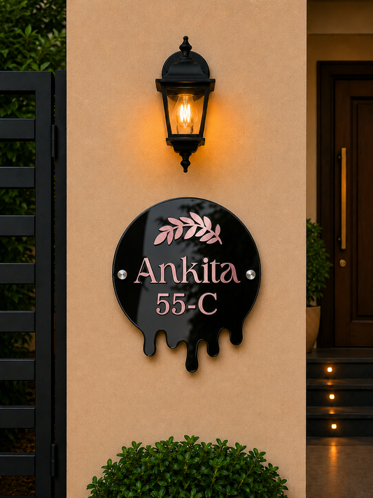 Personalized Modern Drip Style Acrylic Name Plate For Home-Black & Rose Gold