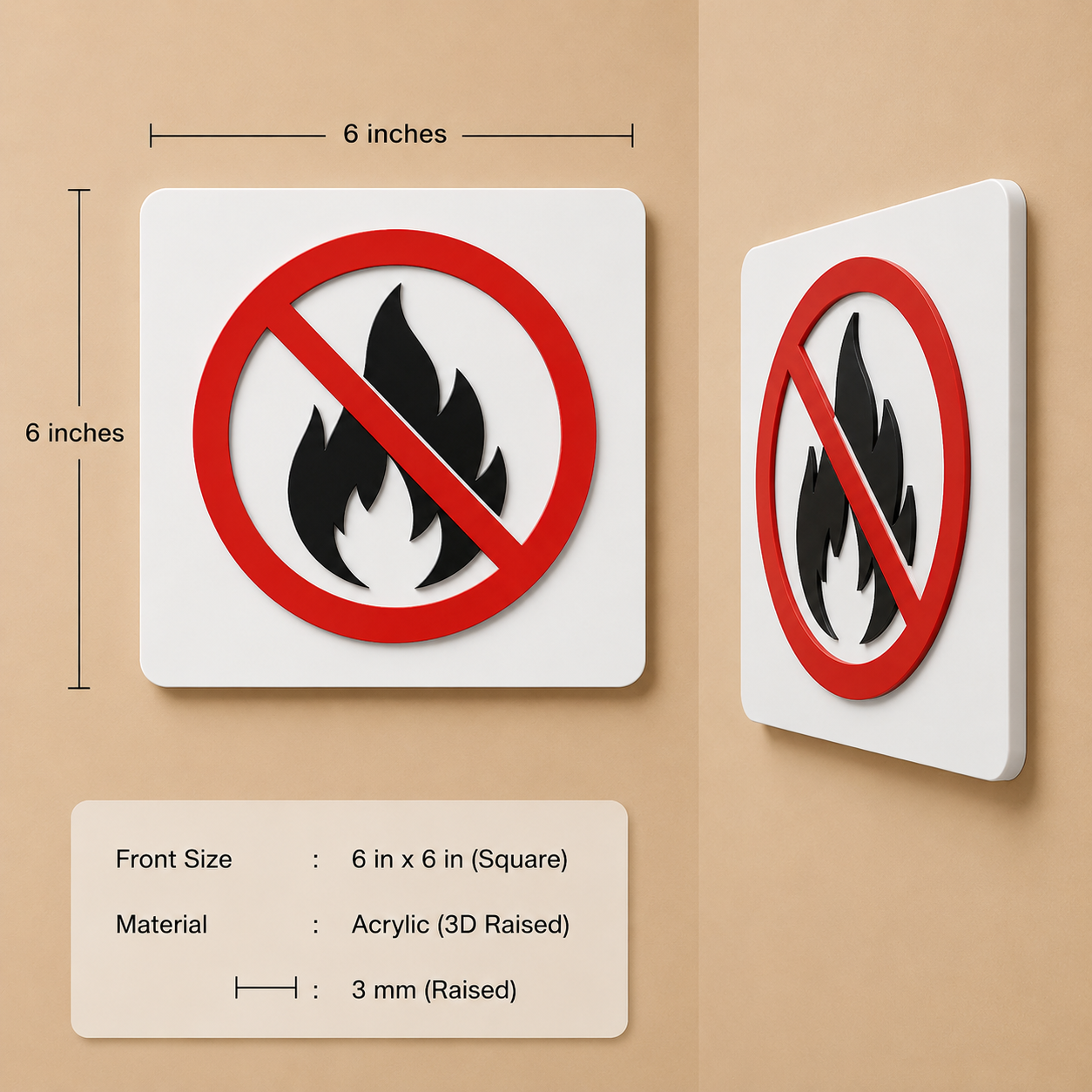 No Fire 3D Embossed Prohibition Sign
