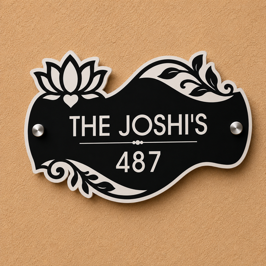 Lotus Aura Modern Acrylic Name Plate For Home & Villa – Black & White