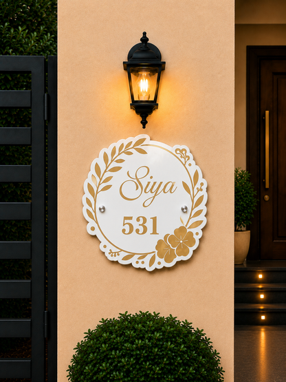Floral Wreath Acrylic Name Plate For Home & Villa - White & Golden