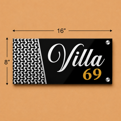 Modern Royal Villa Name Plate For Home-Black White & Gold