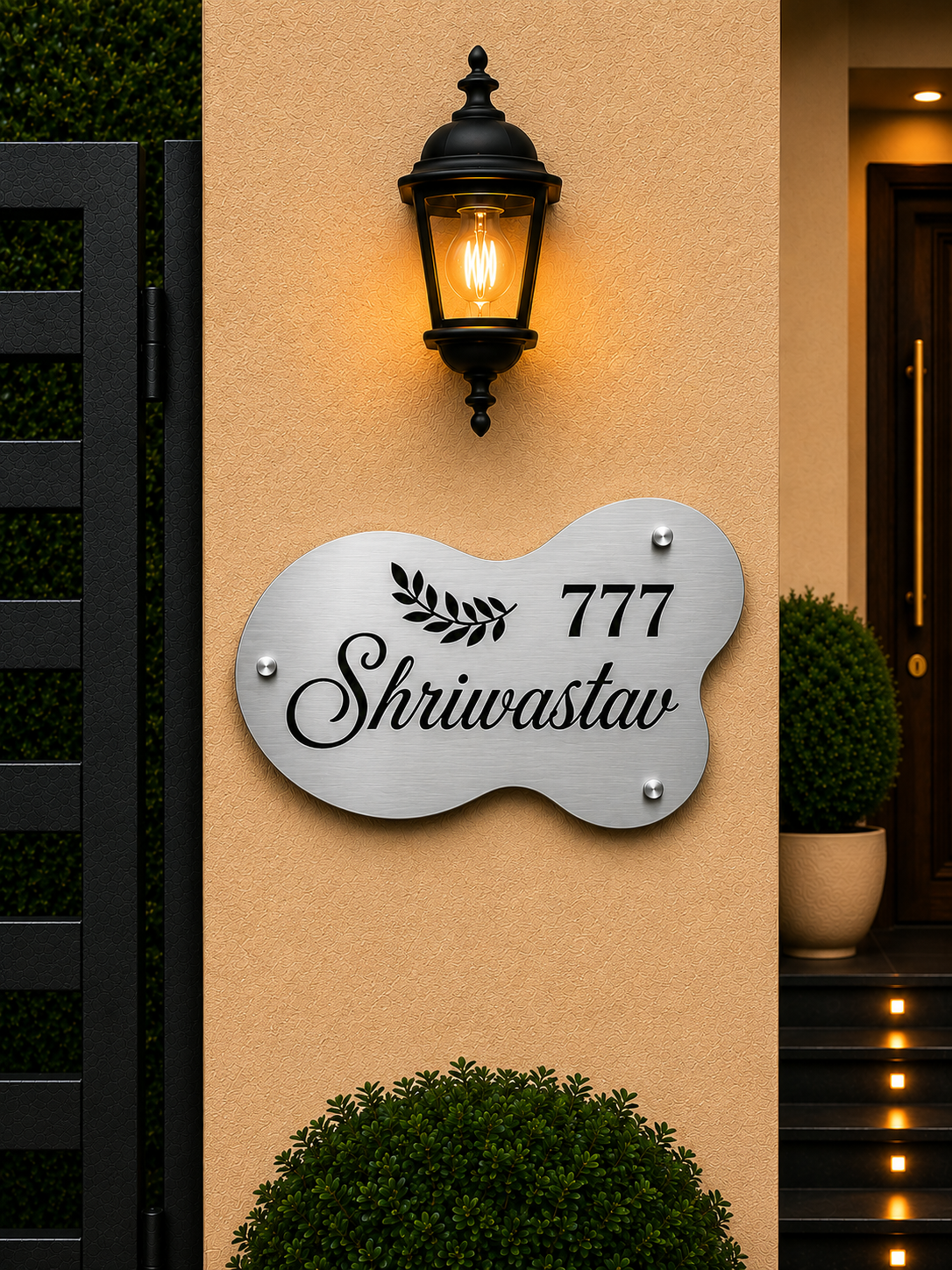 The Pebble Wave Engraved Metal Name Plate For Home & Villa-Golden & Silver