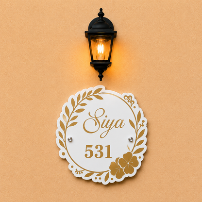 Floral Wreath Acrylic Name Plate For Home & Villa - White & Golden