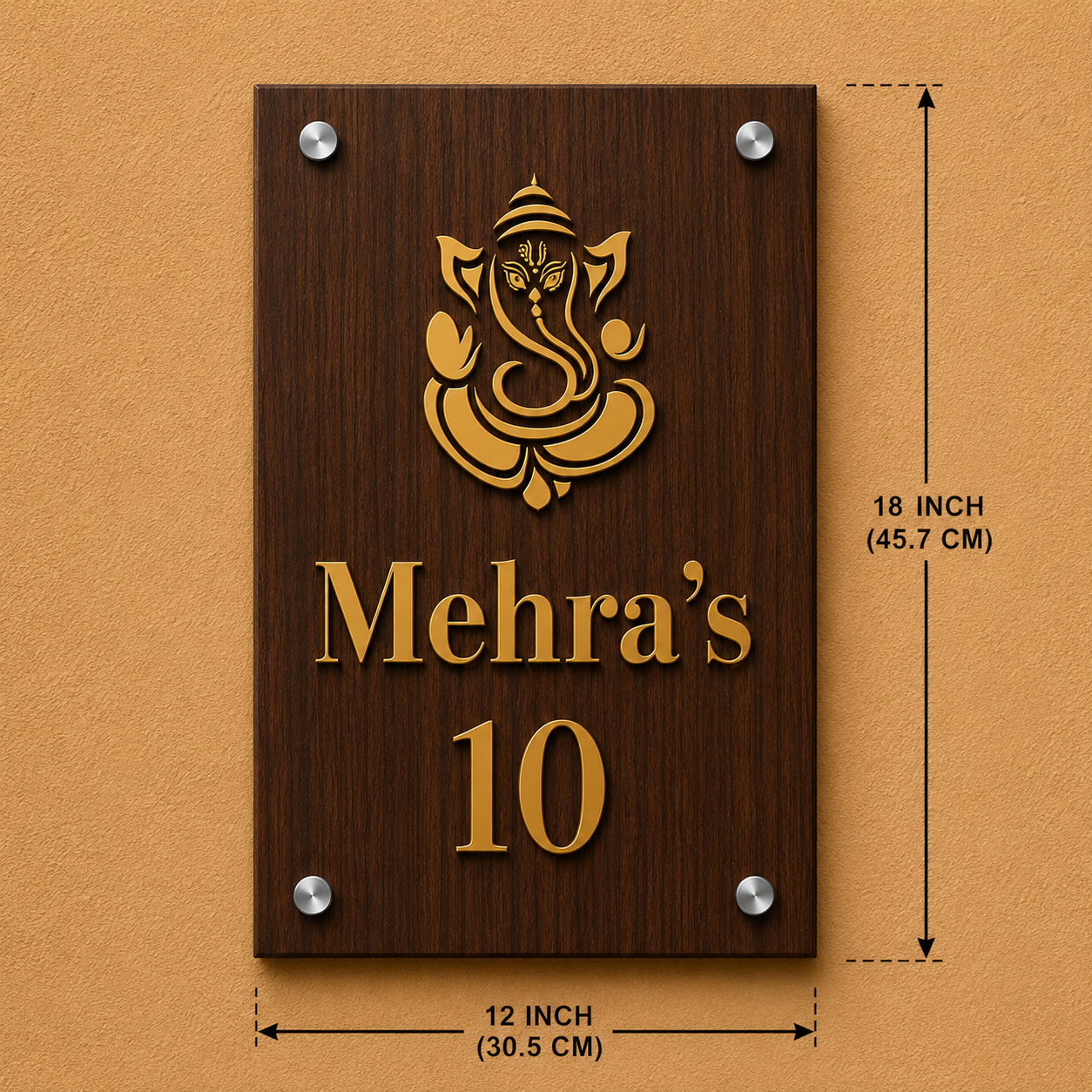 Luxury Wooden Ganesha Name Plate Form Home & Villa With Golden Acrylic