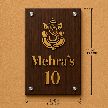 Luxury Wooden Ganesha Name Plate Form Home & Villa With Golden Acrylic