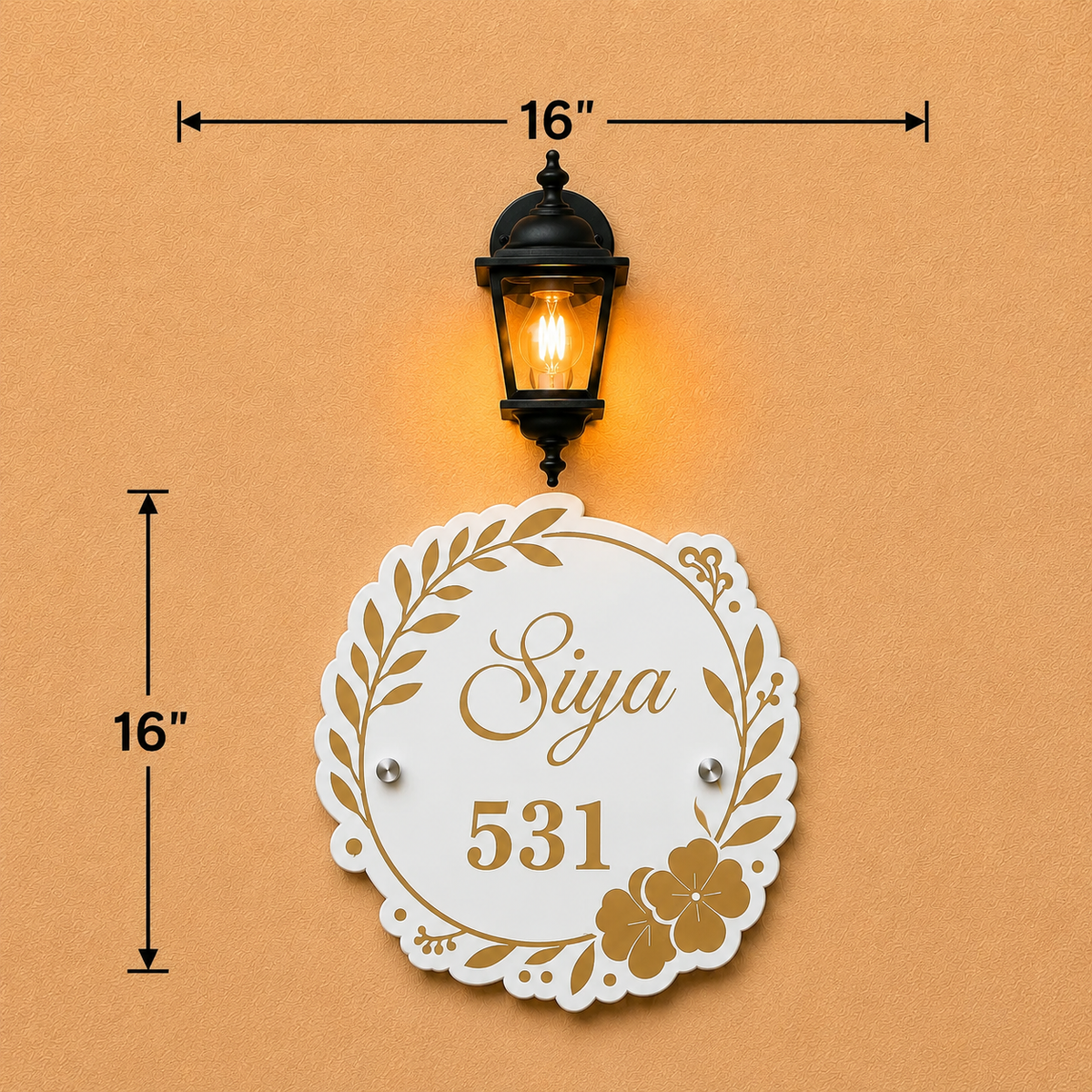Floral Wreath Acrylic Name Plate For Home & Villa - White & Golden