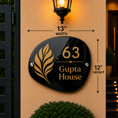 Leaf Haven Luxury Acrylic Name Plate for Home & Villa - Black & Golden