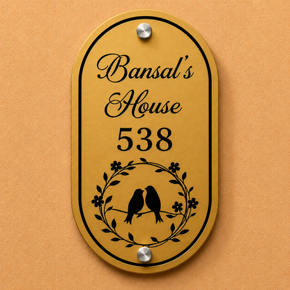 Vintage Lovebirds Engraved Metal Name Plate For Home & Villa