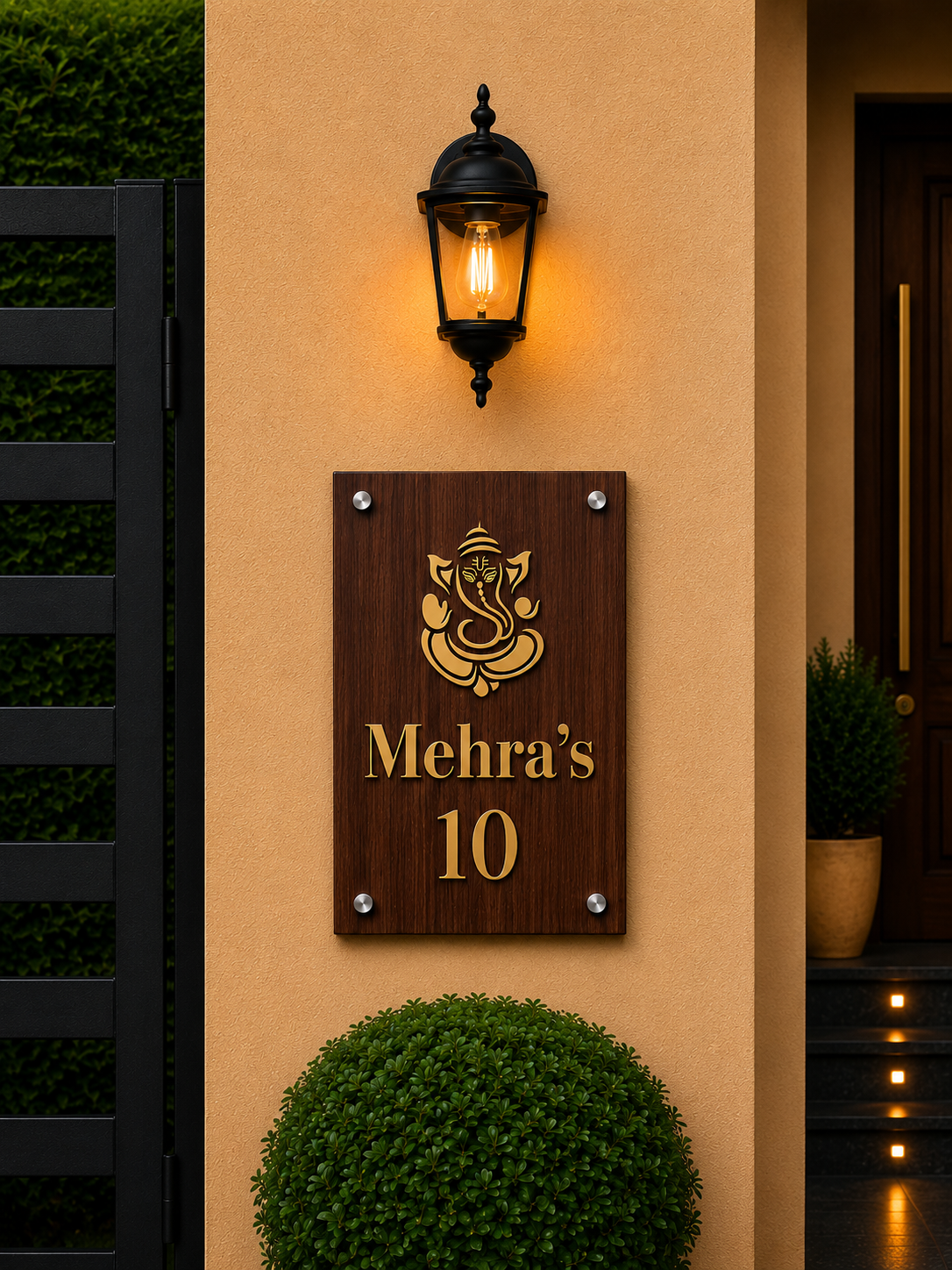 Luxury Wooden Ganesha Name Plate Form Home & Villa With Golden Acrylic