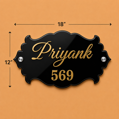Vintage Crown Style Acrylic Name Plate For Home - Black & Golden