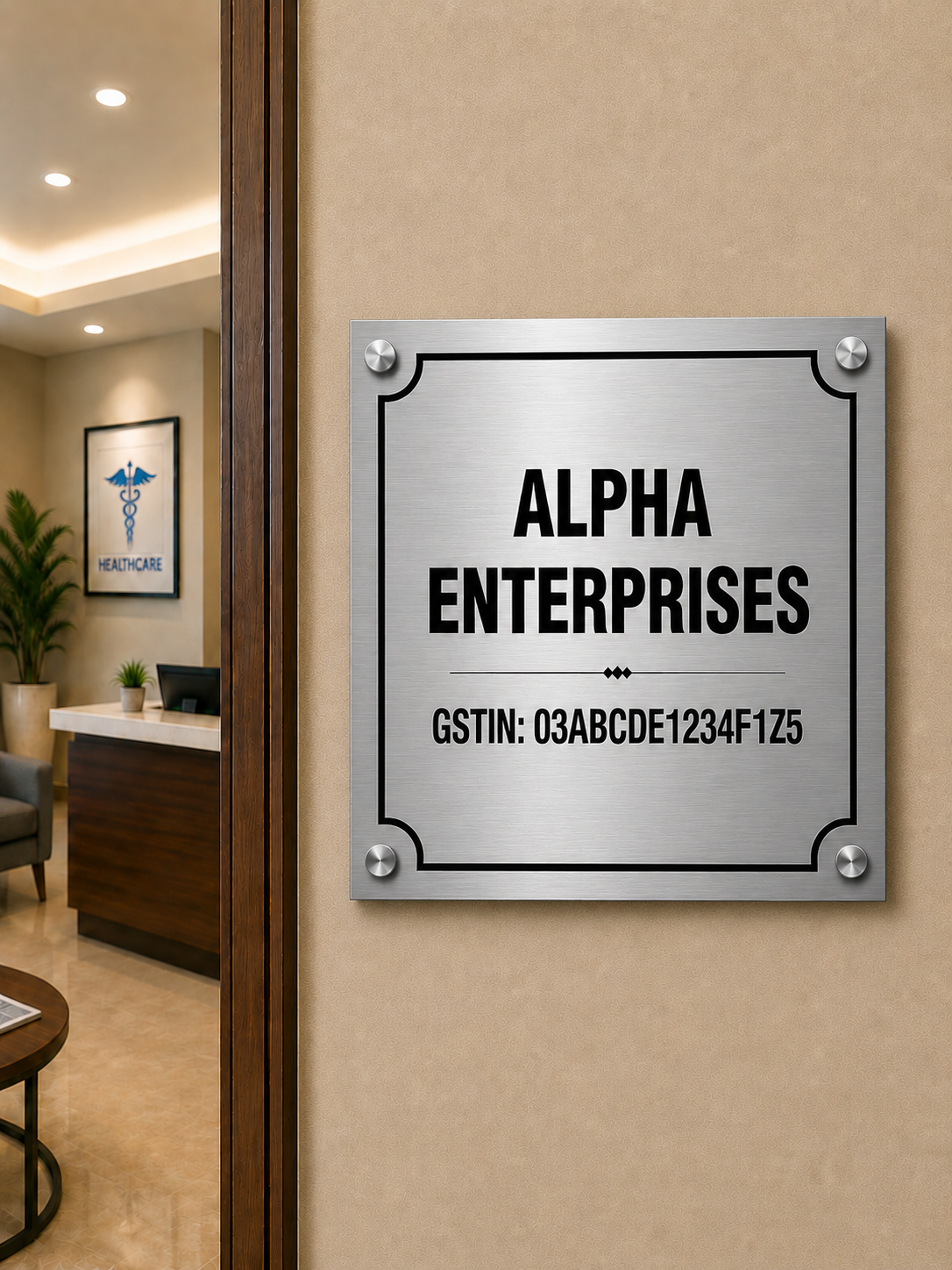 Premium GST Metal Office Name Plate | Silver & Gold Matte Finish