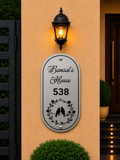 Vintage Lovebirds Engraved Metal Name Plate For Home & Villa