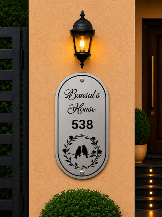 Vintage Lovebirds Engraved Metal Name Plate For Home & Villa