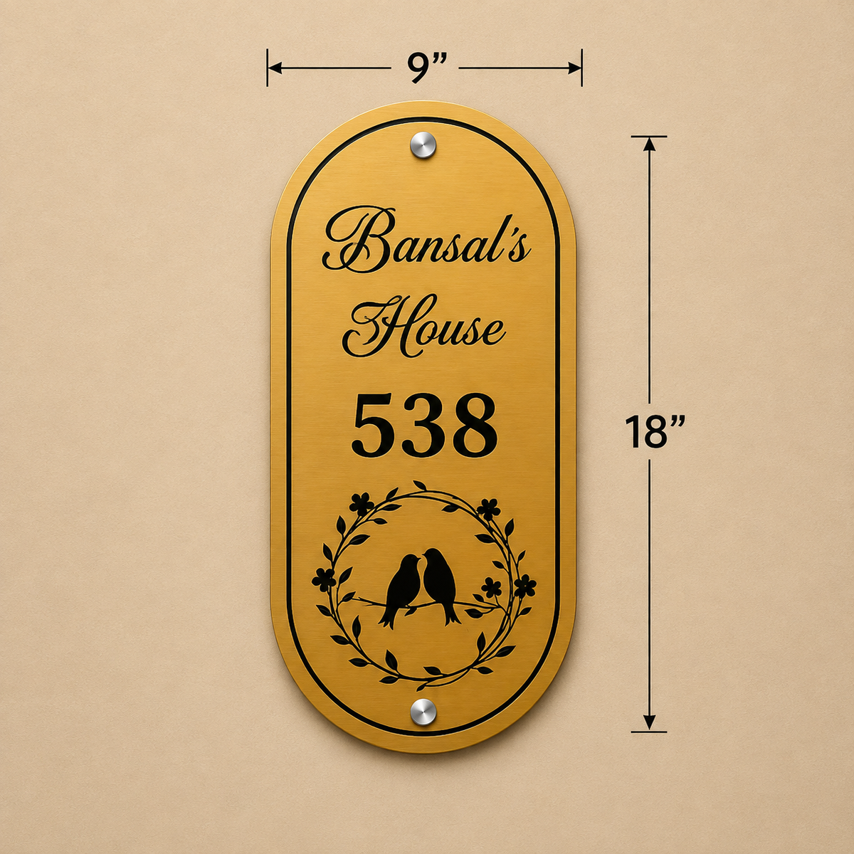 Vintage Lovebirds Engraved Metal Name Plate For Home & Villa