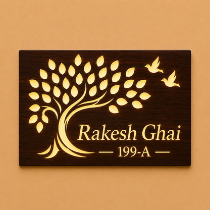 Tree of Life Illuminated Wooden Name Plate For Home & Villa