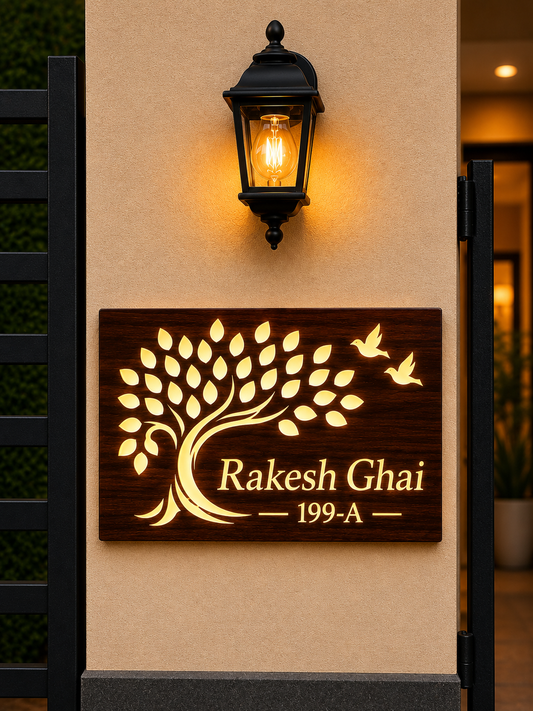Tree of Life Illuminated Wooden Name Plate For Home & Villa