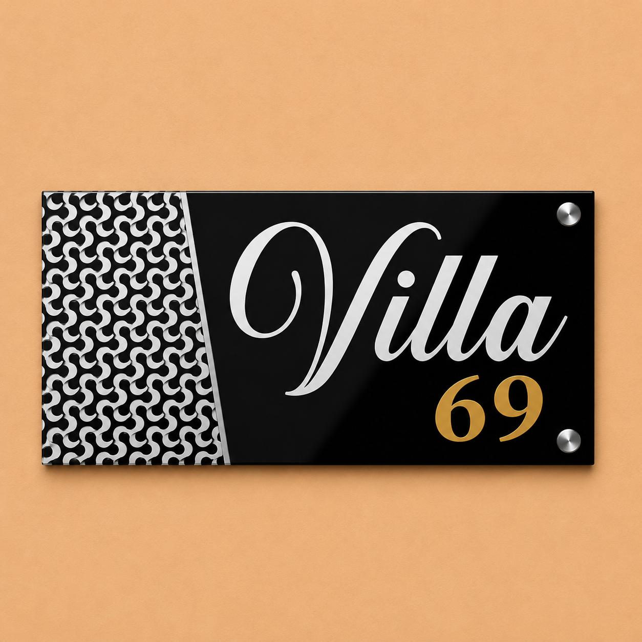 Modern Royal Villa Name Plate For Home-Black White & Gold