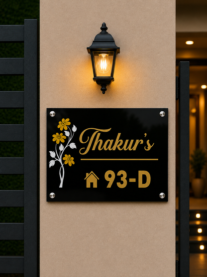 Golden Blossom Acrylic Name Plate For Home & Villa – Black & Gold