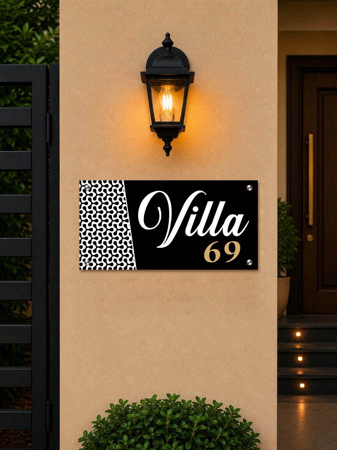 Modern Royal Villa Name Plate For Home-Black White & Gold